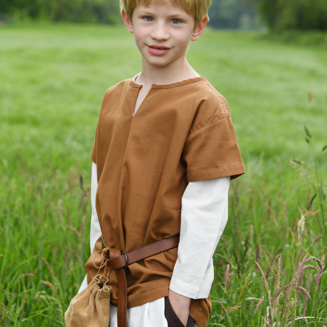 Kinder Mittelalter-Tunika Linus, kurzarm, beigebraun