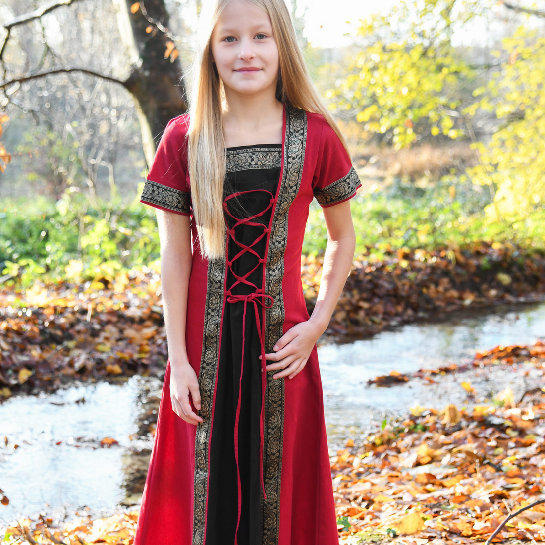 Kinder Mittelalterkleid Eleanor, kurzarm, rot/schwarz