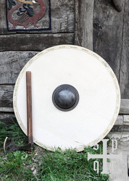 Wikinger Rundschild aus Holz und Segeltuch, mit Eisenbuckel