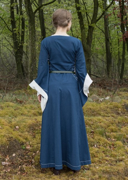 Mittelalterkleid mit Höllenfenstern, Bliaut Amal, blau/natur