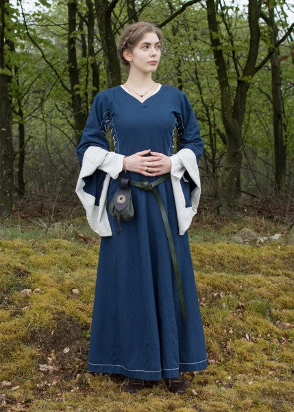 Mittelalterkleid mit Höllenfenstern, Bliaut Amal, blau/natur