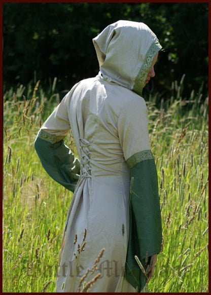 Mittelalterkleid Cecilia mit Kapuze, grün/natur