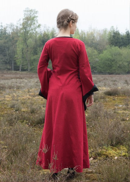 Mittelalterkleid mit Höllenfenstern, Bliaut Amal, rot/schwarz